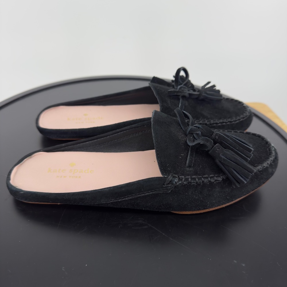 Kate Spade New York Black Suede Tassel Mule Loafers Womens 6M Slip On Flats - Picture 2 of 6